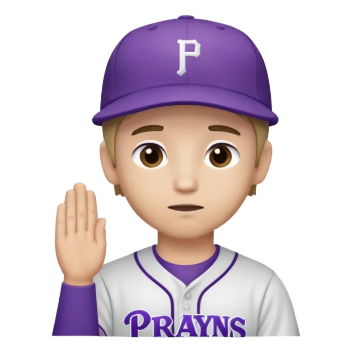 A Caucasian baseball player wearing purple hat praying sticker