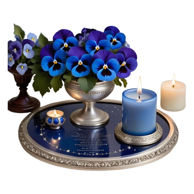 An enchanting night scene where deep blue and light blue pansies gently sway under the soft light of a silver crescent moon. A round, pearl-colored candle sits at the center of a sacred astrological altar, surrounded by silver-trimmed star charts and delicate planetary symbols glowing faintly in the twilight. Nearby, a beautifully crafted crystal sphere rests atop an ancient book of celestial wisdom, reflecting the constellations above. The sky is alive with swirling nebulae and zodiac glyphs, forming intricate cosmic patterns. A faint silver doorway, outlined by threads of lunar energy, shimmers in the background, hinting at hidden knowledge beyond the stars. sticker