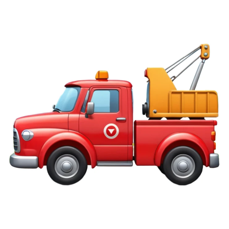 A 3D cartoon red tow truck pulling a small car, bright daylight, simple road background, Memoji-style realism. sticker