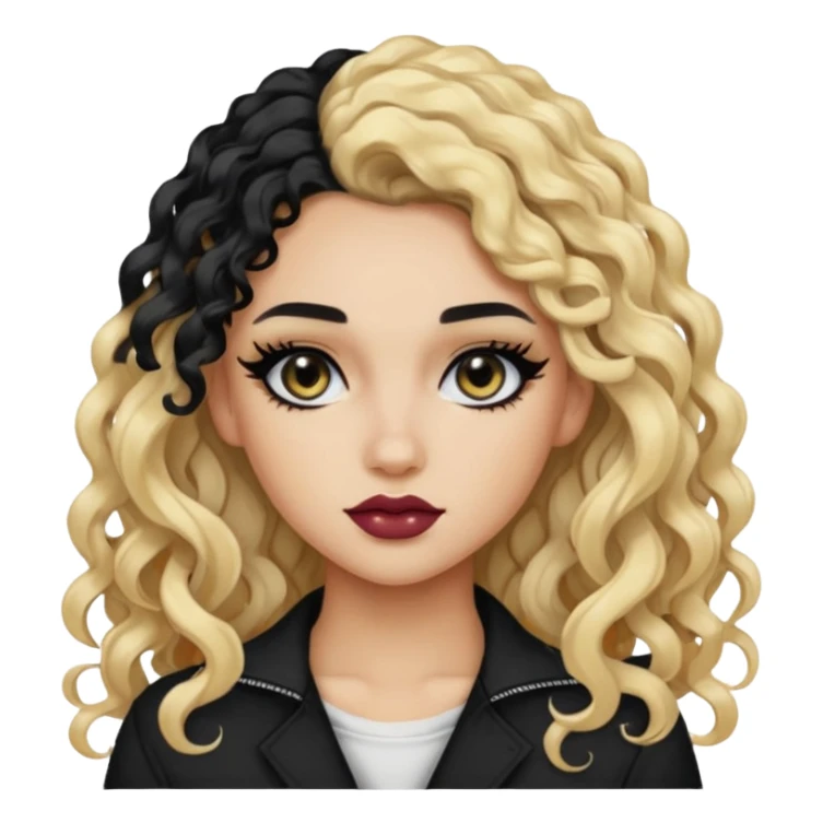 split dye leftside blonde rightside black hair, baddie, pretty makeup, black eyeliner, long curly hair sticker