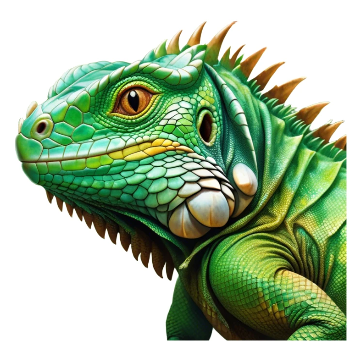 Cinematic Realistic Noble Iguana Portrait Emoji, Poised and commanding, with a robust, elongated body covered in intricately detailed, rough scales in vibrant shades of green with earthy brown accents, and a sharply defined head with piercing amber eyes, rendered with lifelike texture and natural light that accentuates every scale, high shine, intelligent and formidable, styled with an air of tropical authority, focused and attentive, soft glowing outline, capturing the essence of a watchful and confident iguana that appears ready to bask in the sun with effortless grace! sticker