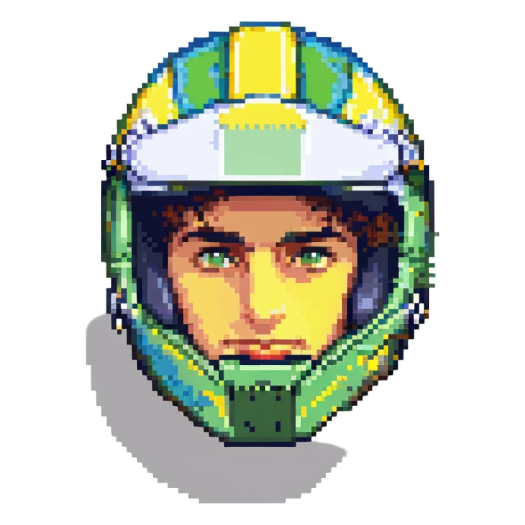 Ayrton Senna, Formula One driver, portrait, pixel art style, racing helmet, iconic yellow, green, and blue colors, retro video game look sticker