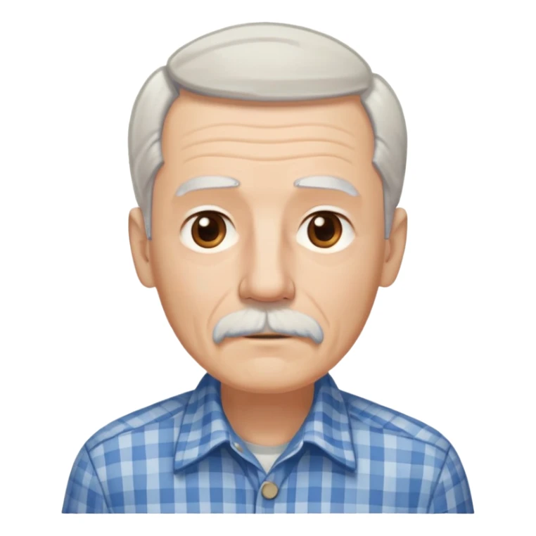 Thin elderly man with light skin. Elongated face with kind expression. Light brown eyes. Thin eyebrows. White goatee and white mustache. Fine straight gray-white hair combed back with some bangs falling on forehead. Slim build. Wearing a blue and beige checkered button-up shirt. sticker
