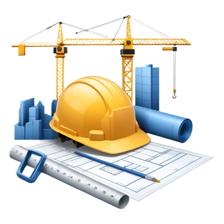 An icon featuring a blueprint, a hard hat, and a measuring tape, symbolizing architecture and construction. The design includes a building silhouette, cranes, and construction tools, representing the planning, design, and building processes. Transparent background. sticker