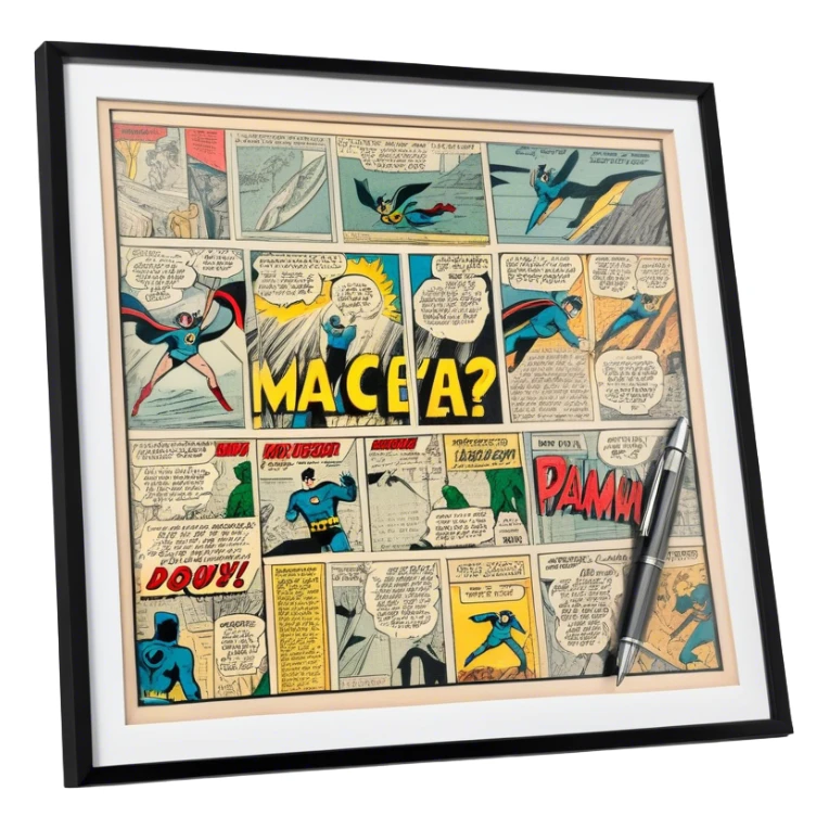 Create a detailed emoji representing the process of writing texts for comic books. The design should feature a large, open comic book with vintage comic strips visible on its pages. A pen should be shown writing text on one of the comic panels, but without a hand. The pencil should appear as though it is actively creating the dialogue or narration. Use a classic color palette with muted tones for the comic book and brighter accents on the pencil to draw attention to the writing process. Do not include any emojis or smiley faces. Make the background transparent. sticker