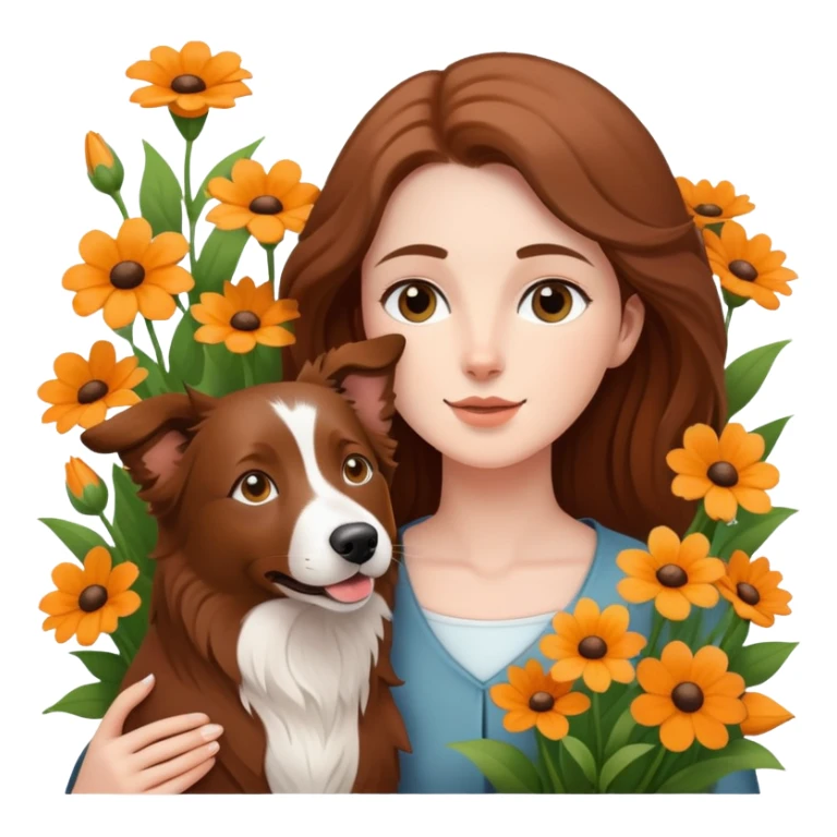 A white woman holding a brown Border Collie in the flowers sticker