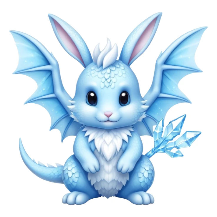 A cute bunny-dragon hybrid creature with ice crystals, rabbit ears, dragon wings and tail made of ice sticker