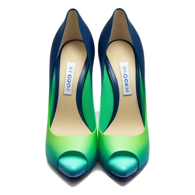 Realistic isolated front facing pair of emerald green,sky blue,mint green,lime green and navy blue ombre Jimmy Choo peep toe stiletto shoes. sticker