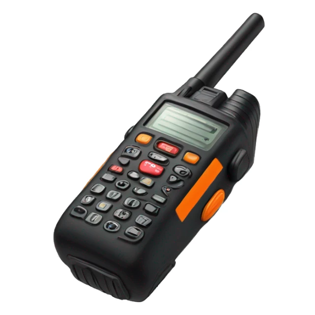 black walkie talkie with red-orange button on side sticker