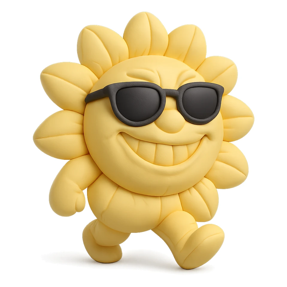 bright pastel yellow sunflower with large sunglasses, grinning proudly while strutting, round body, exaggerated confident face, cushion style sticker
