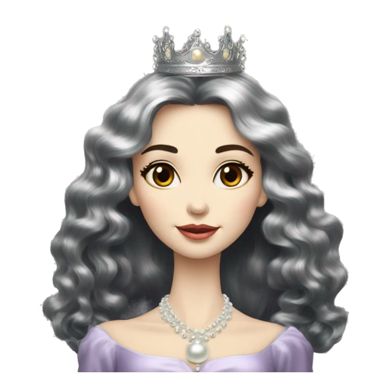 Regal pretty slender middle age woman photograph defined cheekbones high cheekbones crown vintage with very long iridescent black and silver hair wavy long hair pearl crown iridescent sticker