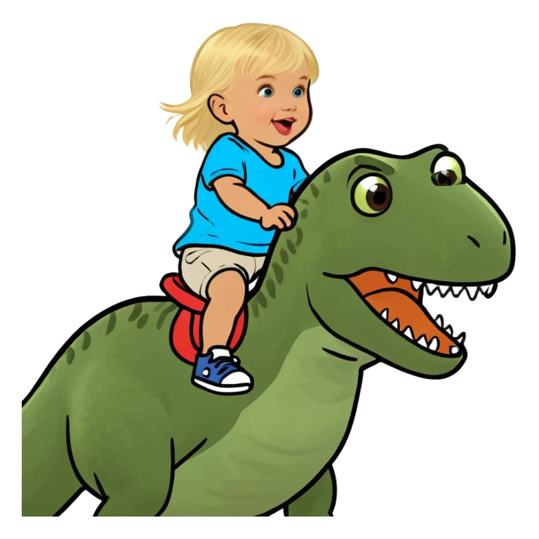 Blonde toddler riding a dinosaur sticker