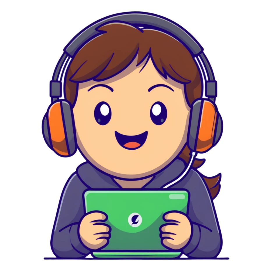 brown-haired gamer girl, excited expression, headphones, head only, emote sticker