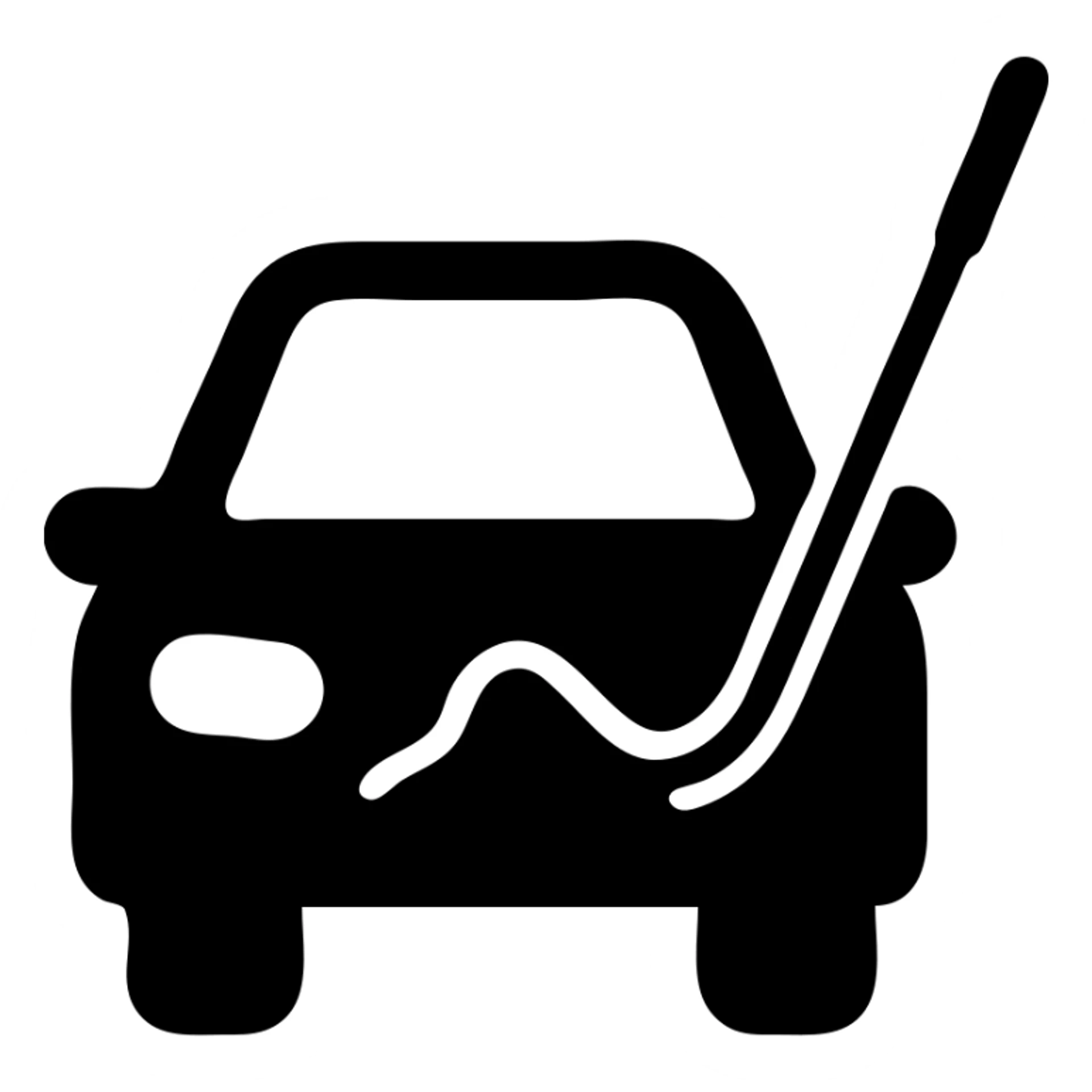 minimalist matte black car icon with a visible dent and a subtle rod or hook tool touching the dent, fine silver lines for contrast, focus on dent repair sticker