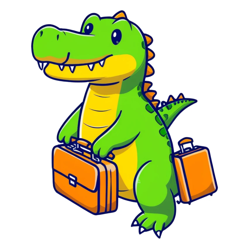 Crocodile traveling with suitcase and airplane sticker