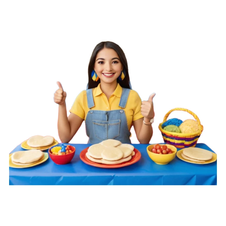 party table decorated with red blue and yellow colors, including a backdrops, balloons arch, streamers and more. On the table are intricate displays of colombian arepas, and baskets of money. In the forefront is a woman and man in simple clothing, big smiles and big thumbs up sticker