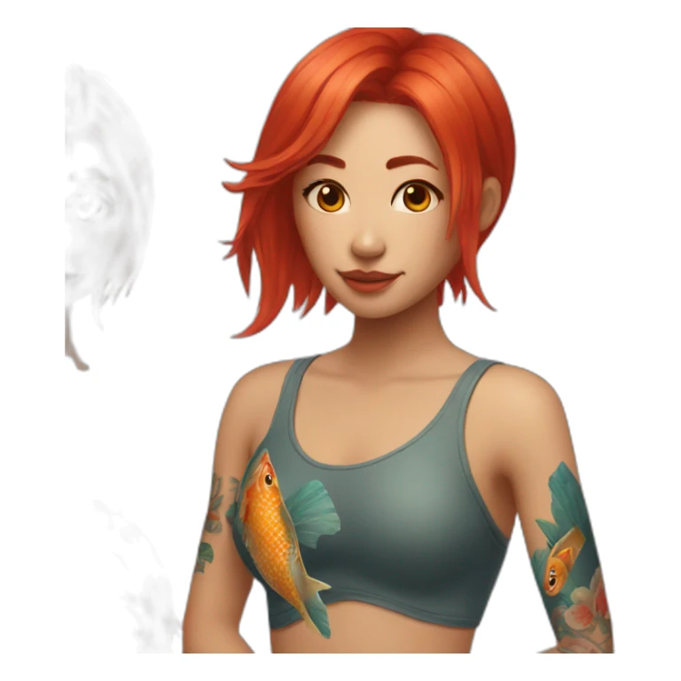 Red headed Asian girl with fish tattoo on shoulder sticker