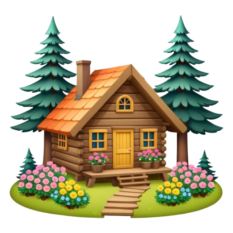 small cabin in the woods, surrounded by pines, with flowers around sticker