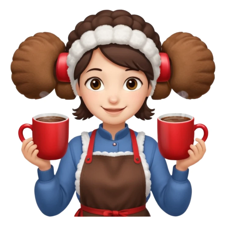 A cozy vendor with fluffy earmuffs, wearing apron handing out steaming cocoa with a warm smile. sticker