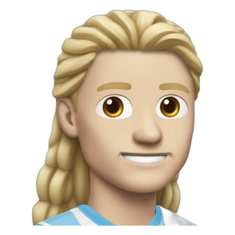 Realistic Erling Braut Haaland has long hair, in a catogan. He is wearing Manchester City football shirt.It has the numéro 9 sticker