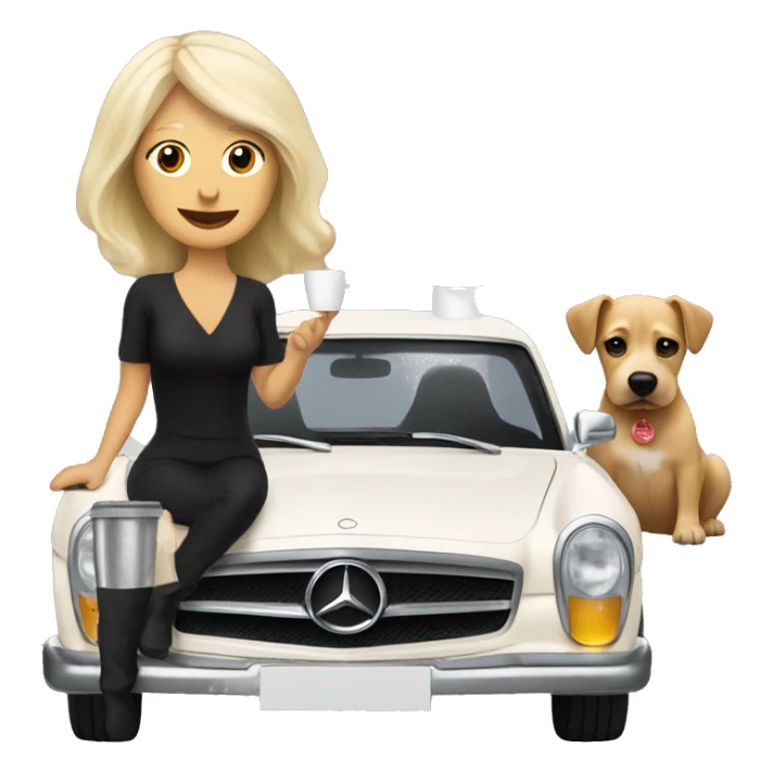 Dog and blonde woman in black Mercedes drinking coffee sticker