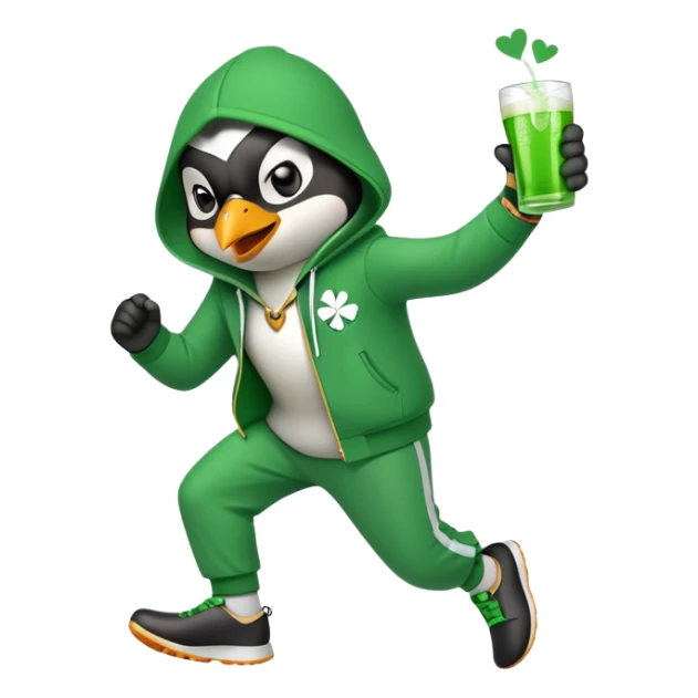 full body friendly anthropomorphised penguin wearing green mafia-style tracksuit, angry, running aggressively, shamrock accessory, no drink sticker