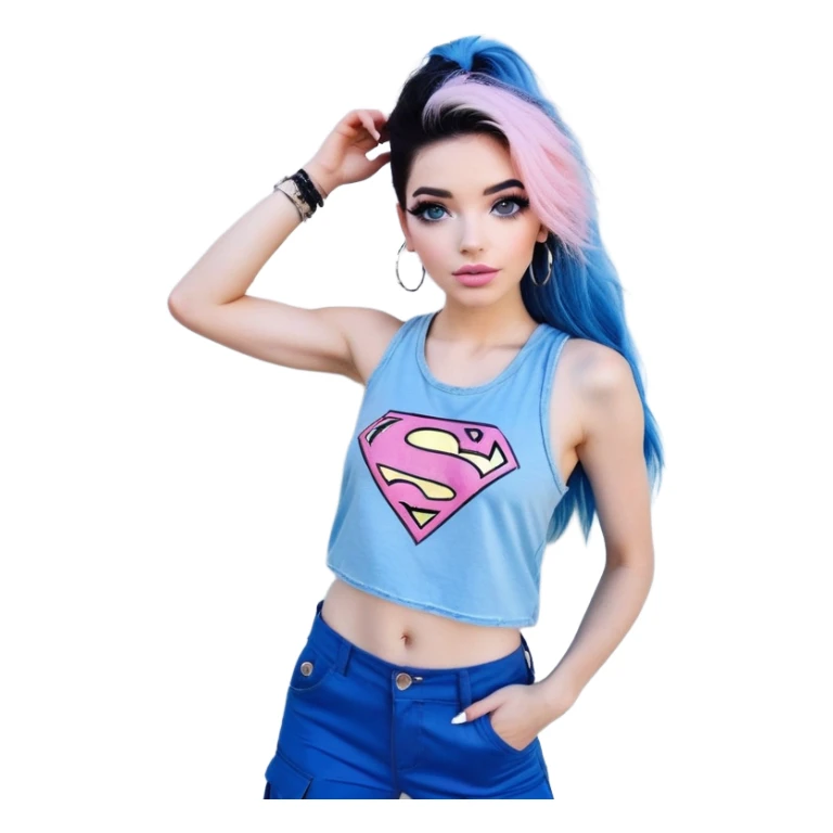 Tall-Larger female upper body-very excited-very-beautiful-face-white torn cargo pants-light-pink-lips-very long-very-straight-dark-blue-ombre-hair-and-blue-eyes-thick-black-eyeliner-thick-long-eyelashes-sky-blue-superman-tank-top-with-glitter-and-silver-hoop-earrings sticker