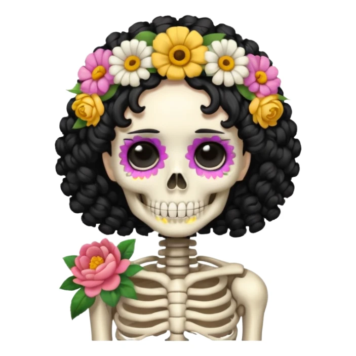 Skeleton with Flower Crown, curley hair black, with flower bouquet sticker