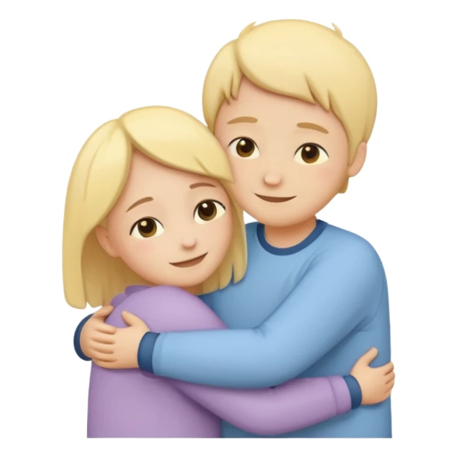 two simplified human characters hugging each other warmly, showing emotional support and friendship, gentle smiles, calm and safe mood, flat custom emoji sticker, soft pastel colors, rounded shapes, minimal details, mental health theme, thick outline, white background, no text sticker