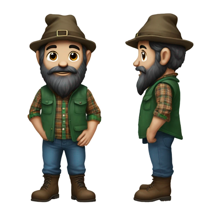 gnome with almost black beard, dark brown eyes, young, with a blue wool hat, brown boots and a green plaid shirt. The body should be cartoonish and not realistic. sticker