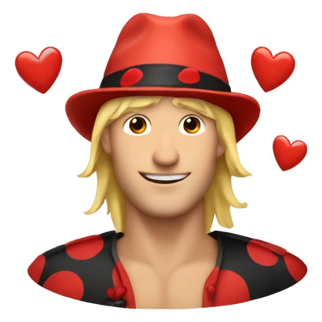 Blonde man wearing a ladybug hat with hearts around him sticker