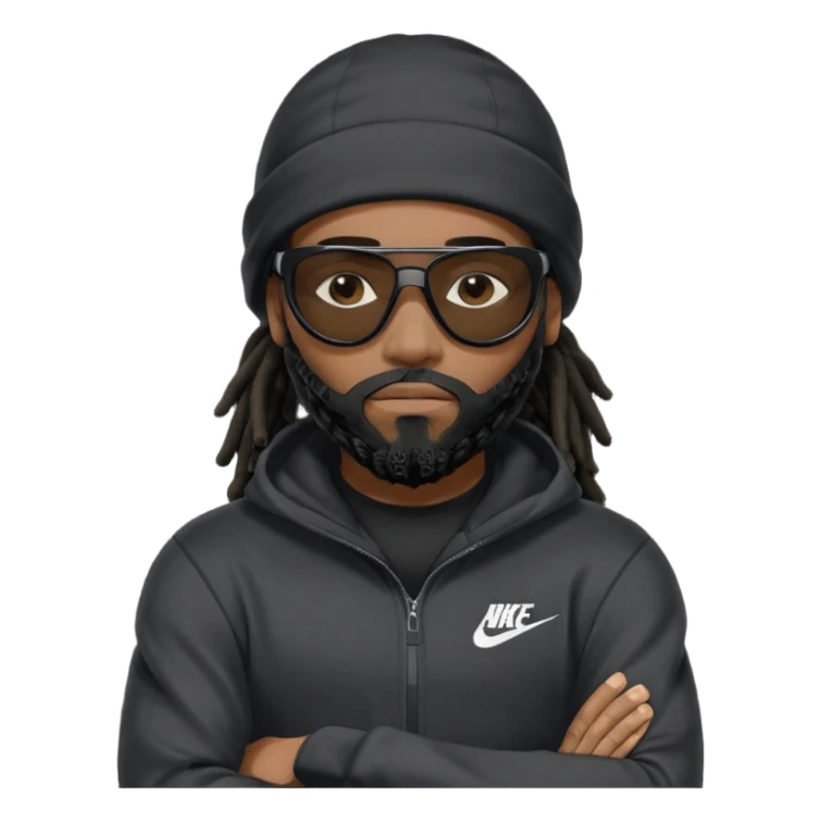 African American man with shoulder length black dreadlocks with black beard wearing black sunglasses wearing a black ski mask covering face wearing a Nike hoodie with his arms folded across chest sticker