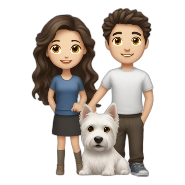Brunette girl and brunette boy with westie sticker