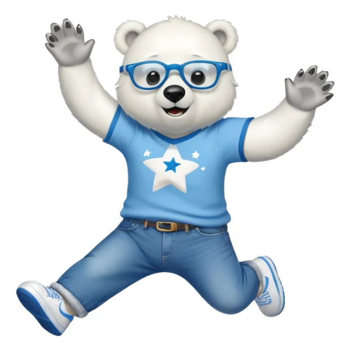 friendly anthropomorphised polar bear jumping and looking excited, wearing a shirt, jeans, trainers, star-shaped glasses sticker