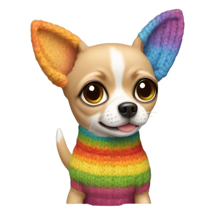 Chihuahua wearing a rainbow knitted sweater with cat ears sticker