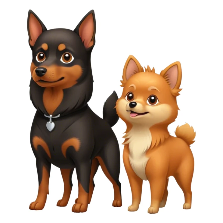 Doberman Pinscher and Pomeranian Spitz standing side by side. The Doberman has a sleek black and tan coat with alert ears, while the Pomeranian has a fluffy orange coat and a joyful expression. Beautiful natural background, with a clear blue sky and green grass. Transparent background. sticker