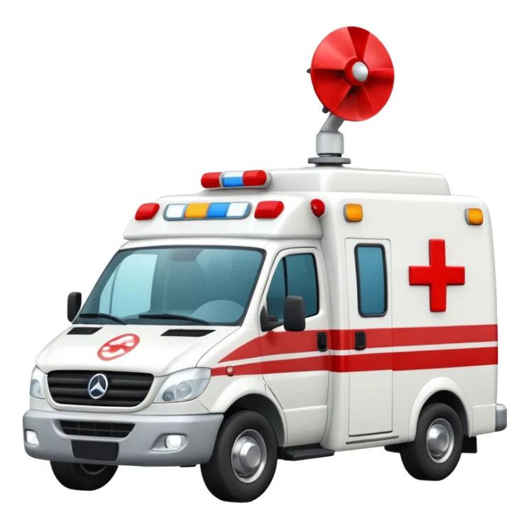 A modern white-and-red ambulance van with flashing rooftop siren.
 sticker