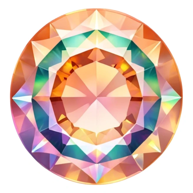 round cut gemstone with delicate peach color, holographic rainbow fire, brilliant facets sticker