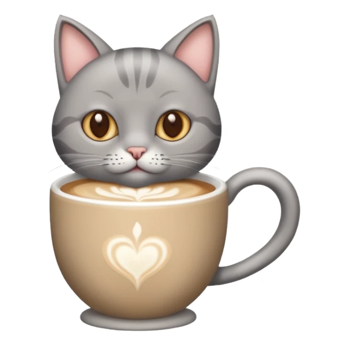 Happy gray Cat holding in its front two paws an hot latte sticker