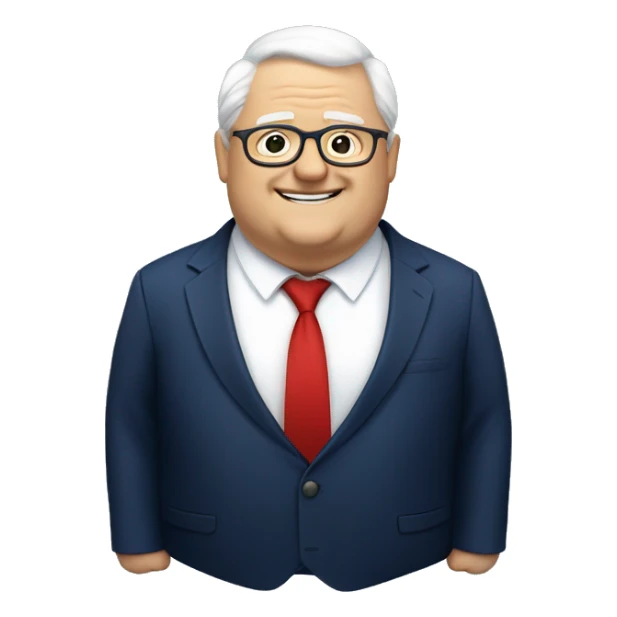 A fat older man, white hair, with glasses, no beard, smiling with teeth, and wearing a navy blue suit and red tie sticker