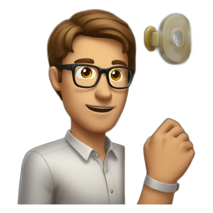 brown-short-haired classy man wearing glasses, struggling to fit a key into a wooden door-lock sticker