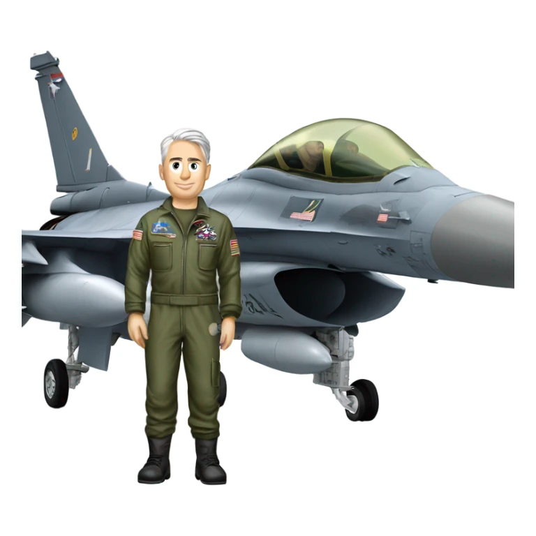 Old fighter pilot standing beside F-16 sticker