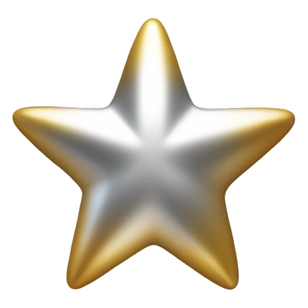 Create a silver star emoji identical to the classic gold star emoji (⭐️). It should match the same size, shape, and smooth shading, but in metallic silver. Keep the design simple and glossy, just like the original Apple star emoji. Rounded ends sticker