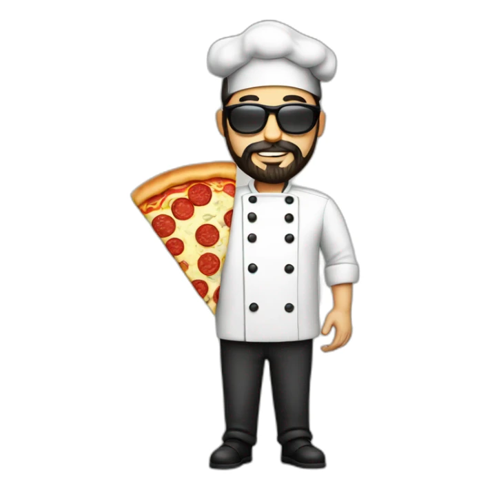 Dark haired chef with beard and big dark glasses holding a slice of pizza sticker