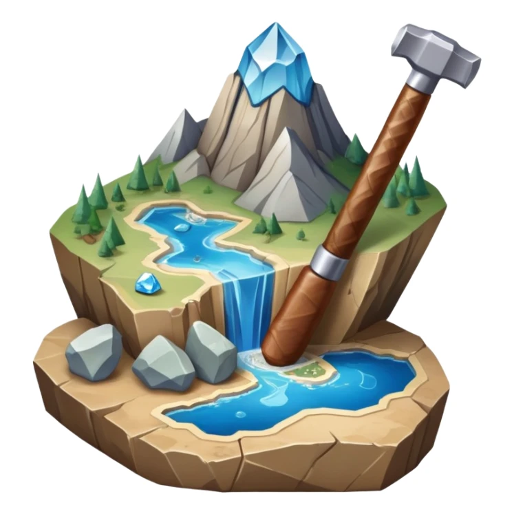 An icon featuring a rock hammer, a fossil, and a geological map, symbolizing geology. The design includes layers of the Earth, a crystal, and a mountain range, representing the study of Earth's structure, materials, and natural processes. Transparent background highlights geological research sticker