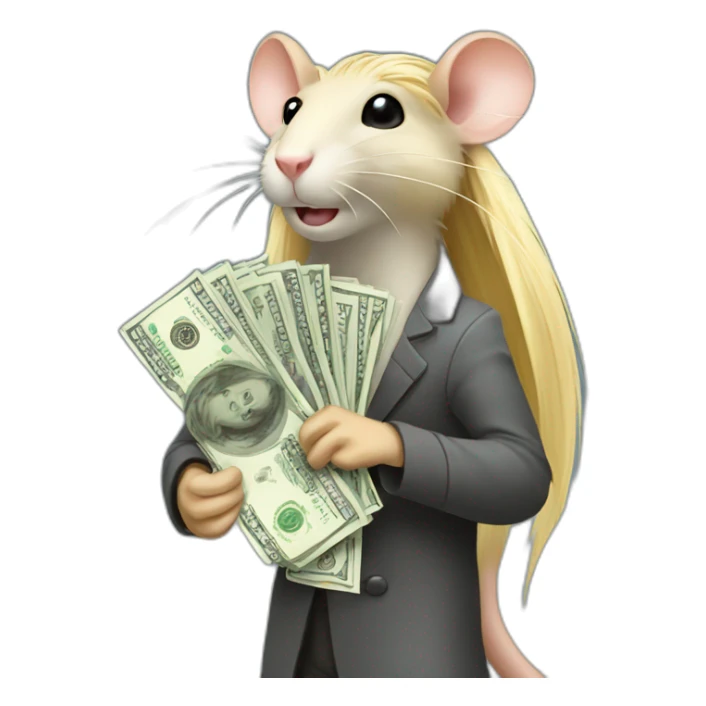 Rat standing up with long blond hair holding money sticker