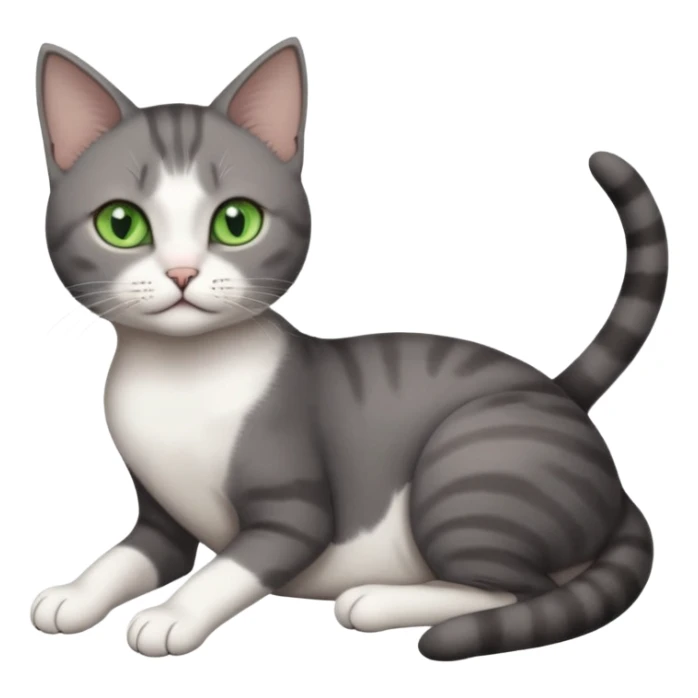 full body tiny short hair dark grey and white cat with white front legs and green eyes lying down sticker