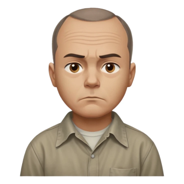Carl from Sling Blade, serious expression, very detailed features,very recognizable features, chin sticking out, slouching posture, no glasses, shirt with collar,show his entire body, he is standing. three-quarter face angle view. He sticks his head forward. less apple style emoji.  sticker