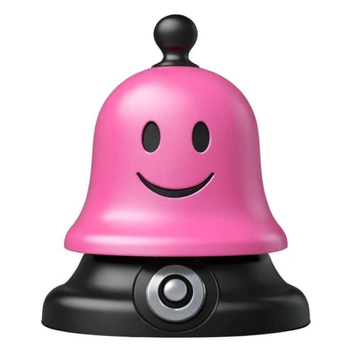 pink call bell with black base and silver push knob on top and with smiley face on it sticker