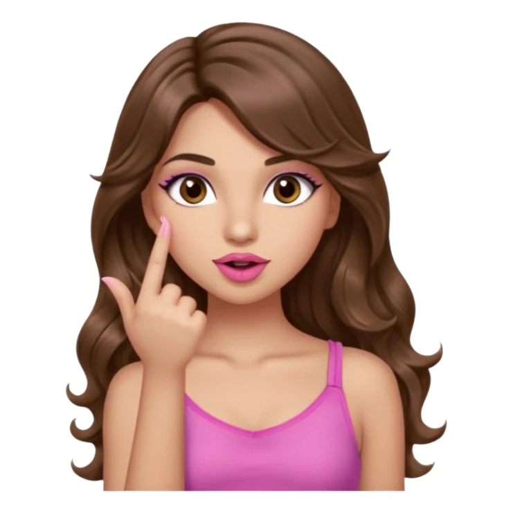 girl with long wavy brown hair, brown eyes, light to medium complexion, in a pink sexy top, pink lips, long lashes, silent motion with the hand one finger up by the mouth sticker